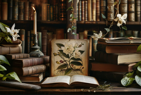 An open vintage book with an illustration of a Ghost Orchid